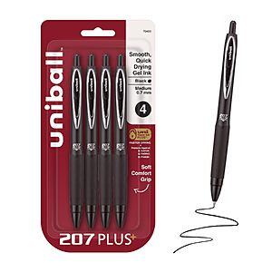 uniball™ 207 Plus+ Gel Pens, Black Ink, 0.7mm Medium Point, 4 Count | Retractable, Faster-Drying, Smooth Writing, Smear-Resistant, uni Super Ink™~$3.64 @ Amazon