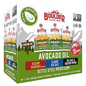 [SnS, AC] $9.79* | 18-ct 1-oz Boulder Canyon Avocado Oil Kettle Style Potato Chips (Variety Pack) at Amazon (54.4￠ each)
