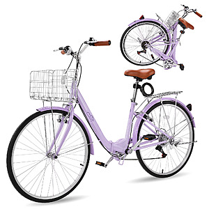Ktaxon 26in Folding Beach Cruiser Bike for Women, 7-Speed City Commuter Bike with Lock, Basket & Rack, Purple $199.99