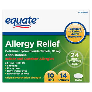 Equate 24 Hour Cetirizine Hydrochloride Allergy Relief Tablets, 10 mg, 14 Count $3