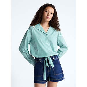 Free Assembly Women's and Women's Plus Cotton Poplin Tie Waist Shirt with Long Sleeves, Blue or Green Stripe Sizes XS-4X - $6.00