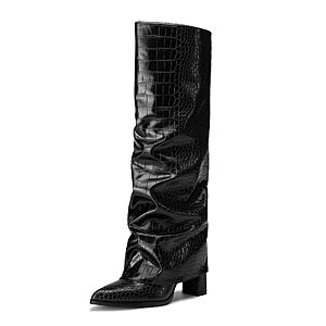 Athlefit Knee High Boots Women Chunky Fold Over Tall Boots Black Croco 8.5