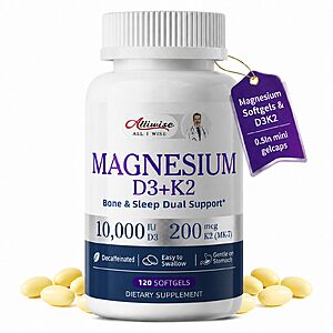 Magnesium Glycinate 400mg Softgels with D3 K2 Vitamin 10000 iu, 120 Gelcaps $7.49