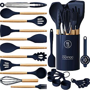 Silicone Cooking Utensils Set - Wooden Handles, 446°F Heat Resistant Kitchen Utensil Spatula Sets w Holder $19.99