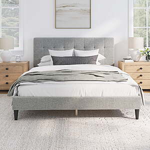 Mainstays Hillside Square Tufted Upholstered Queen Platform Bed, Light Gray Fabric + Free S/H $105