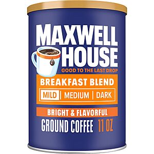 Maxwell House Ground Coffee, Breakfast Blend Mild Roast, 11 oz Canister $2.96 @ Amazon +SS