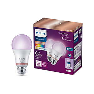 Philips Smart Wi-Fi Connected LED 60-Watt A19 Light Bulb, Dimmable, E26 Medium Base (2-Pack) $17