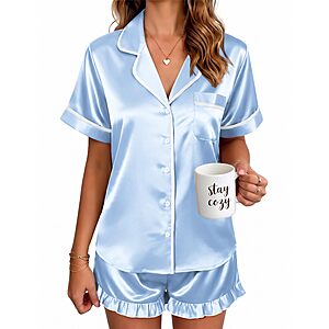 Ekouaer Women's Satin Ruffle Button-Up Short Pajama Set (various) $10 + Free Shipping w/ Prime or on $35+