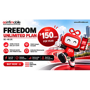 12-Month Infimobile Freedom Unlimited Mobile Plan w/ Unlimited Data/Talk & Text + 10GB Hotspot $150