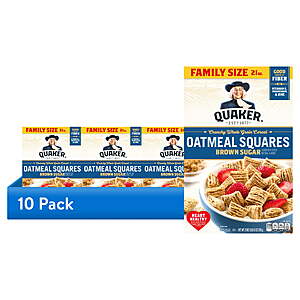 (10 pack) Quaker Oatmeal Squares Crunchy Oat Cereal Brown Sugar, 21 oz ( $3.05 A Box ) $30.59