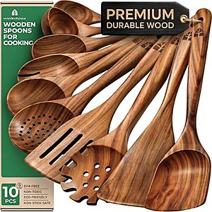 Wooden Spoons for Cooking – 10 Pcs Non Toxic Teak Kitchen Utensils Set $39.99