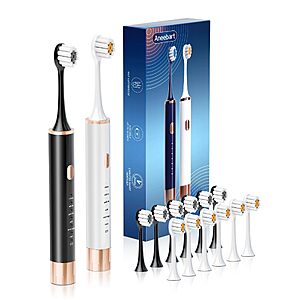 Aneebart Sonic 2 Pack Electric Toothbrush for Adults, Travel Toothbrush Includes 12 Replacement Toothbrush Heads $7.97