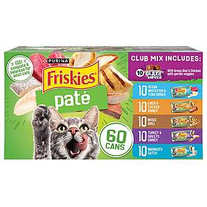 $35 In Club, $39 delivery price COSTCO Purina Friskies Pate Wet Cat Food Variety Pack, 5.5 oz, 60-count