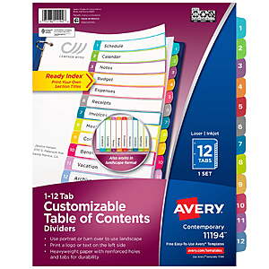 Avery Dividers, 12 Tabs, Ready Index, Contemporary Tabs (11194) $4.32