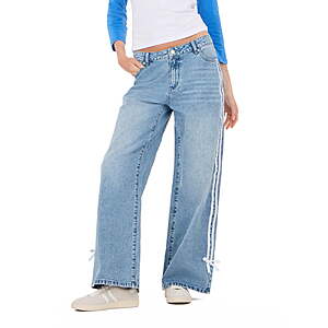 Forever 21 Women's Light Wash Y2K Low-Rise Baggy Jeans, Side Stripe & Bow Accent, for Everyday Casual Wear, Sizes 0-4 $11.18