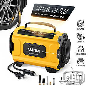 AstroAI Tire Inflator for Car/Home 12V DC/110V AC, 5-in-1 Portable Air Compressor 150 PSI Air Tire Pump with Accessories Storage $49.99