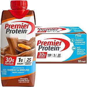 $29.99 COSTCO Premier 30g Protein PLUS Energy and Immune Support Shakes, Chocolate Peanut Butter, 11 fl oz, 18-pack