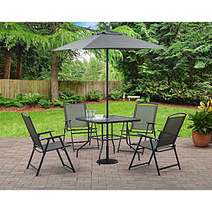 $97, FS, Mainstays Albany Lane Steel Outdoor Dining Set with Umbrella Gray 6 Piece, Walmart