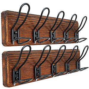 2-Pack Dseap Rustic Farmhouse Wall-Mounted Real Wood Coat Rack w/ 5 Wire Hooks $14.99 + Free Shipping w/ Prime or on $35+