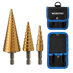 WORKPRO 3-Piece Step Drill Bit Set, 1/4" Hex Shank Quick Change High Speed Steel Titanium Coated $13