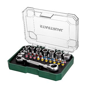 STARTRUAL 31-Piece Low Profile Ratchet Wrench, Right Angle Screwdriver, Pass Through Socket, 1/4'' Mini Ratchet Set