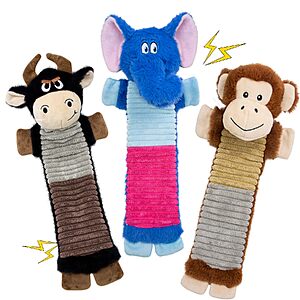 3-Pack 18" No Stuffing Crinkle Squeaky Plush Dog Toys (Elephant, Cattle & Monkey) $8.49 + Free Shipping w/ Prime or on $35+