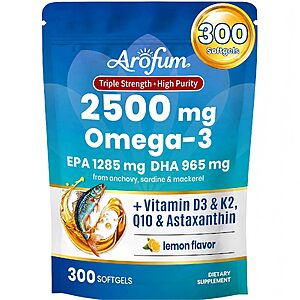 Arofum Omega-3 Fish Oil Supplement with Vitamin D3 K2, 300 Softgels, Lemon Flavor $9.99
