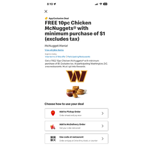 McDonald's free 10 pieces nuggets with $1 purchase in DMV area