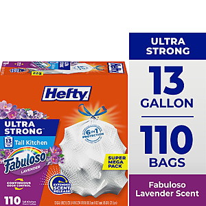 Hefty Ultra Strong 13 Gallon Trash Bags, Tall Kitchen Trash Bags, White, Fabuloso Lavender Scent, 110 Bags - $13.53 @ Walmart. Ships FREE w/ Walmart+ membership!