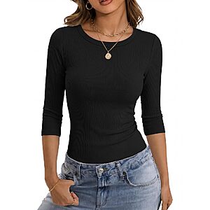 Women's 3/4 Sleeve Ribbed Top $4.99 – Crew Neck Slim Fit Basic Tee
