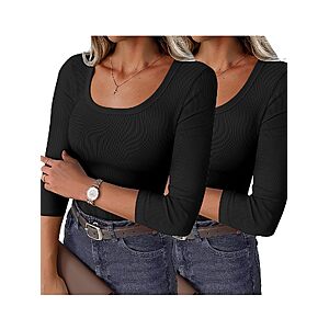 Women's 3/4 Sleeve Ribbed Knit Top $9.59 – Scoop Neck Slim Fit Casual Basic Tee