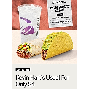 [Taco Bell] Kevin Hart's Usual Combo: Burrito Supreme, Crunchy Taco & Medium Drink for $4 (10/13 - 10/19)
