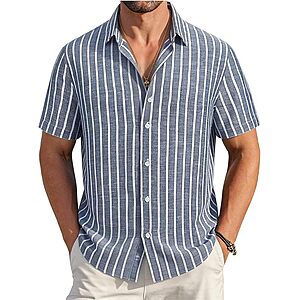 Alex Vando Mens Linen Button Down Short Sleeve Striped Beach Summer Shirt $9.99