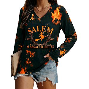 Women's Fall Halloween Long Sleeve V Neck Shirts Funny Salem Witches Tops $8.99