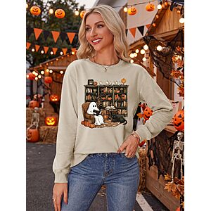 Halloween Sweatshirts Women Ghosts Reading Books Graphic Pullover Tops $11.99
