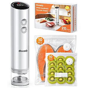 Otemly Compact Handheld Vacuum Sealer for Food with 20 Reusable Vacuum Bags - $32.19
