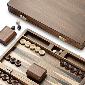 14.5” Premium Natural Walnut Folding Backgammon Sets, 30 Wooden Checkers, 2 Walnut Dice Cups, and 5 Wooden Dice - $34.86 AC