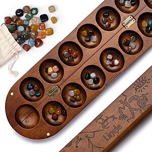 21 Inch Deluxe Mancala Set: Real Wood Hinged Board with 48 Natural Multicolor Stones - Authentic African Petroglyphs - $34.86 AC