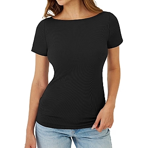 Women's Boat Neck Tops Ribbed Short Sleeve T-Shirts - $4.40 after coupon