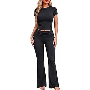 $9.99* | 2-Pc Ekouaer Women's Pajama/Lounge Set w/ Crop Top & Flare Pants (Black) at Amazon