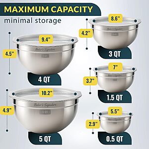 Stainless Steel Mixing Bowls with Lids Set of 5, Nesting Metal, 0.5-5 Qt $31.49
