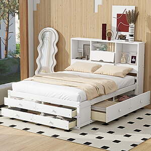 Euroco Platform Bed w/ Storage Headboard & Drawers (Queen): White $359, Gray $379 + Free Shipping $358.71