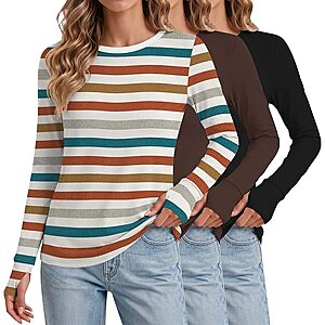 3-Pack Ekouaer Women's Long Sleeve Crew Neck Thermal Tops w/ Thumb Hole (Various Color Sets) $15 + Free Shipping w/ Prime or on $35+