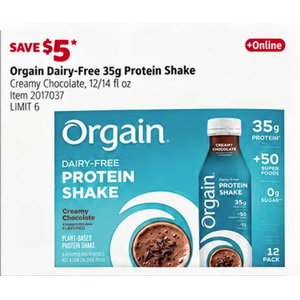 Starts 10/19 Costco In-Warehouse Orgain Dairy-Free Protein Shake (Creamy Chocolate) 12 pack 14 fl oz $16.99 after $5 savings