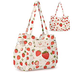Watercolor Strawberry Corduroy Tote Bag for Women, Cute Shoulder Bag $7.59