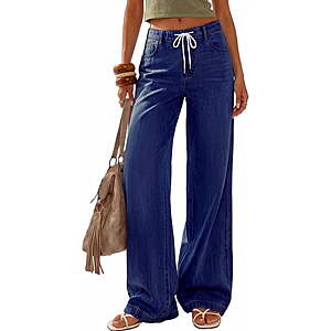 PRETTYGARDEN Womens Wide Leg Jeans High Waisted Stretchy Baggy Straight Leg Drawstring Trendy Denim Pants Summer $23.99