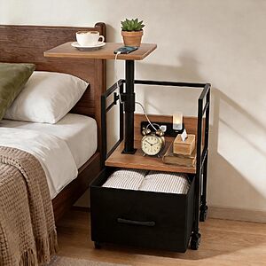 Bingyouth Rolling Nightstand w/ Swivel Top, Charging Station & Adjustable Height (Natural Wood) $29.99 + Free Shipping w/ Prime or on $35+