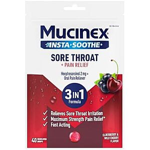 [SnS, AC] $2.75 | 40-Count Mucinex Instasoothe Sore Throat Relief, Sore Throat Lozenges (Elderberry & Wild Cherry) at Amazon