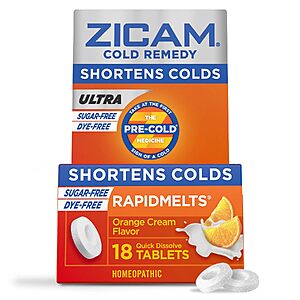18-Count Zicam Ultra Cold Remedy Zinc Rapidmelts (Orange Cream) $4.33 w/ S&S + Free Shipping w/ Prime or on $35+