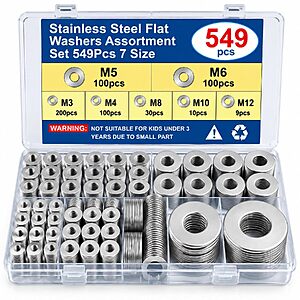 549-Piece 18-8 Stainless Steel Metric Flat Washer Assortment Kit (M3–M12) w/ Storage Case $4.99 + Free Shipping w/ Prime or on $35+